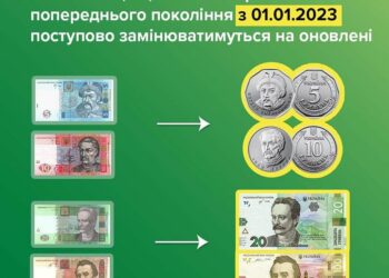 Банкноти 5, 10, 20 та 100 гривень поступово замінюватимуться на оновлені