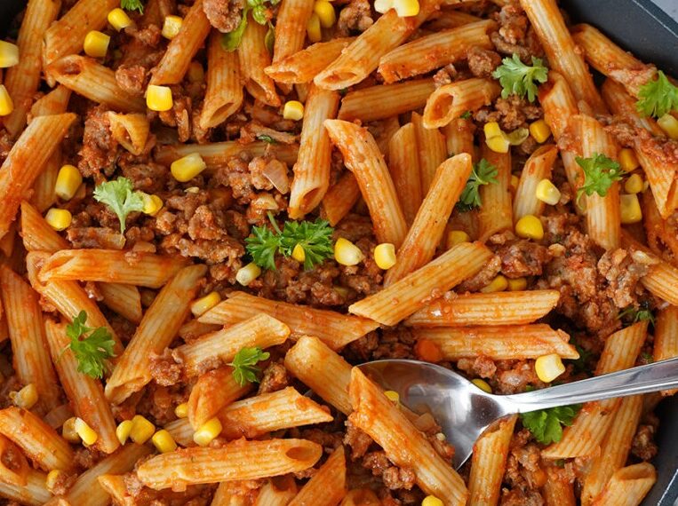 Макарони з фаршем і овочами — обід в одній сковорідці